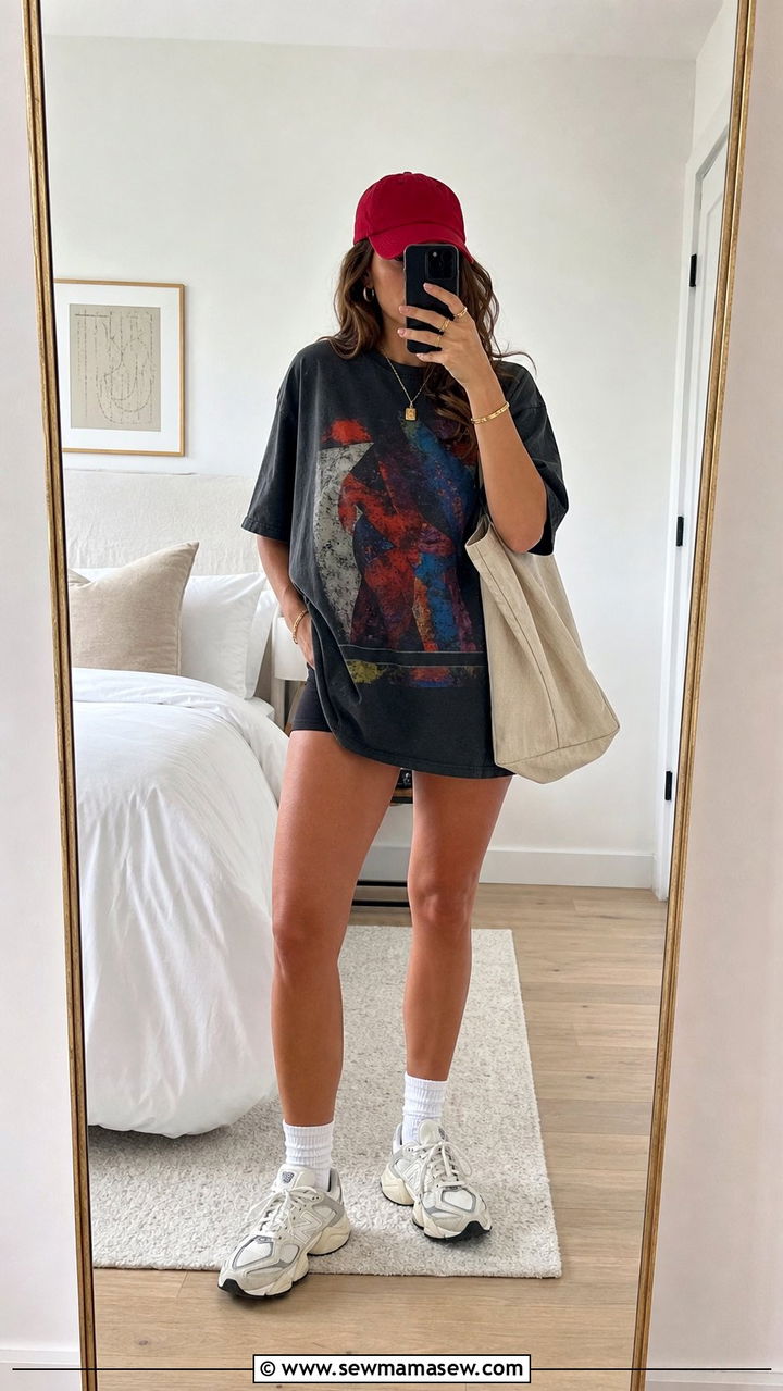 Bike Shorts With Oversized Tee And Baseball Cap - 25 spring outfits with baseball cap