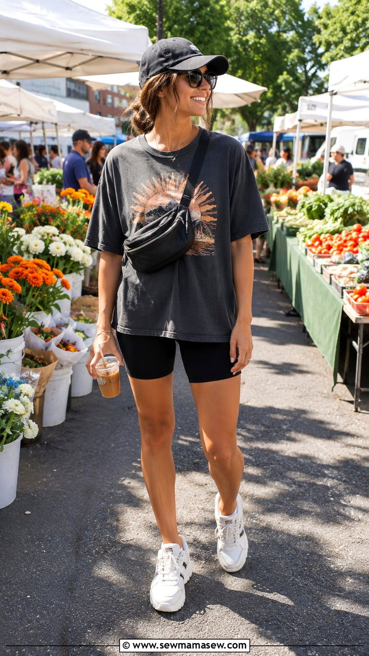 Bike Shorts With Oversized Tee and Belt Bag - 30 spring sporty chic outfits