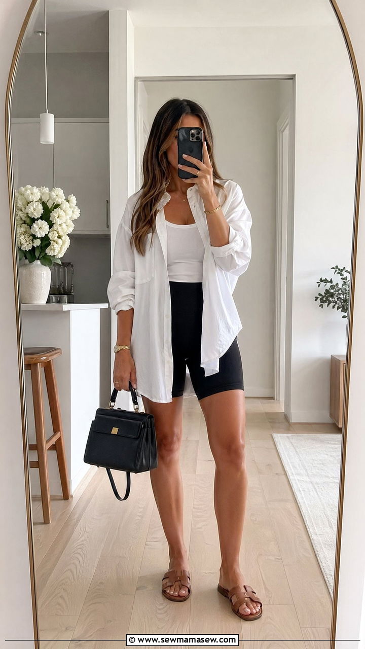 Bike Shorts and Oversized Button Down with Slides - 35 errand outfit ideas for women