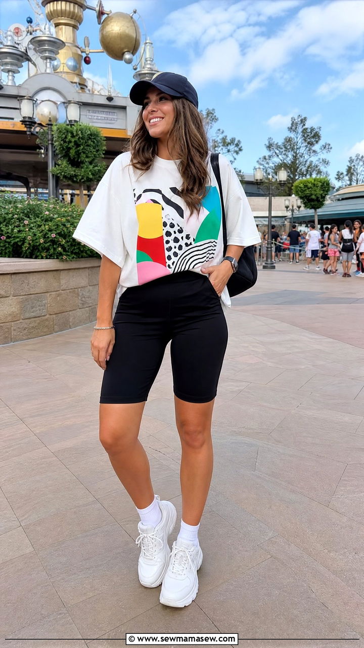 Bike Shorts and Oversized Disney Tee with Sneakers Outfit - 25 Hollywood Studios outfit ideas