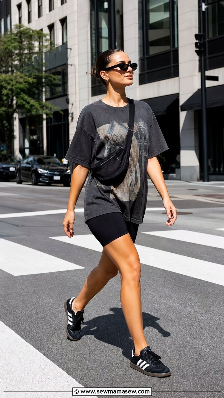 Bike Shorts and Oversized Graphic Tee with Black Adidas Sambas - 25 summer outfits with adidas sambas