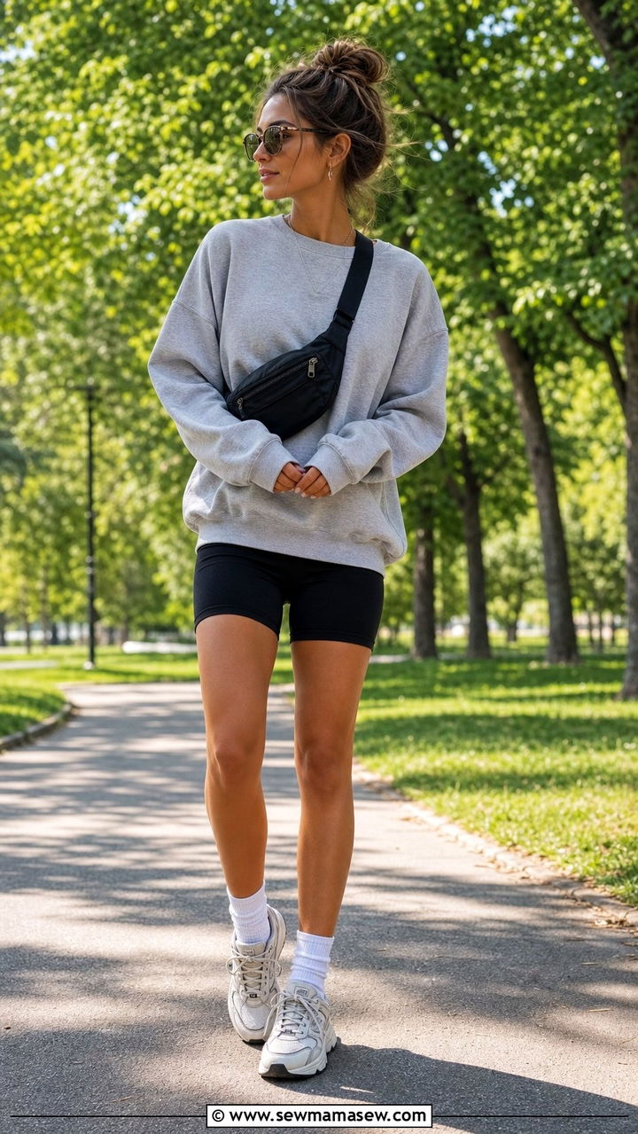 Bike Shorts and Oversized Sweatshirt Outfit - 25 spring 90s outfit ideas