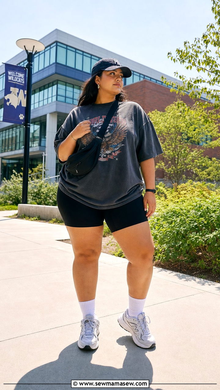 Bike Shorts and Oversized Tee College Outfit - 25 College outfit ideas plus size