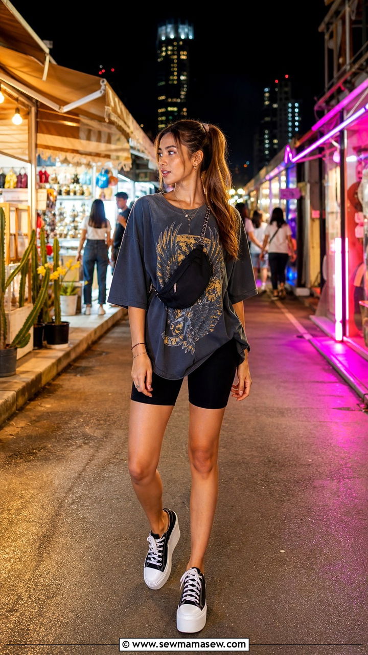 Bike Shorts and Oversized Tee for Jodd Fairs Night Market - 40 What to wear in Bangkok