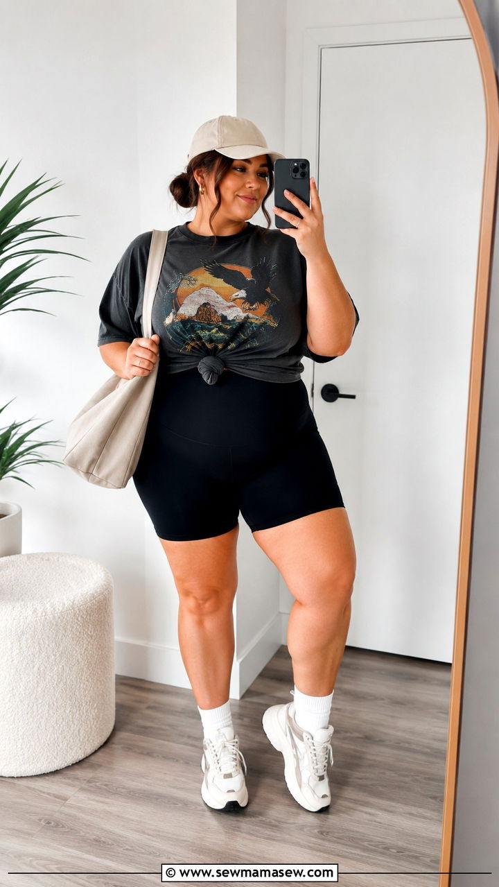 Bike Shorts with Oversized Graphic Tee - 30 Plus size outfit ideas for travel