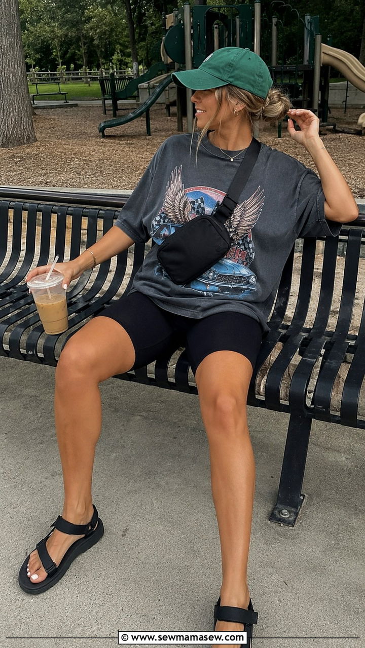 Bike Shorts with Oversized Graphic Tee and Sport Sandals - 25 Playground outfit ideas for moms
