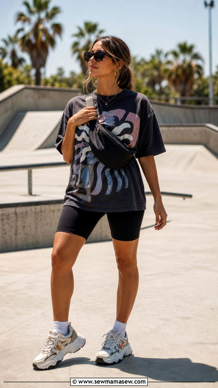 Bike shorts and oversized graphic tee August outfit - 35 August outfits for women