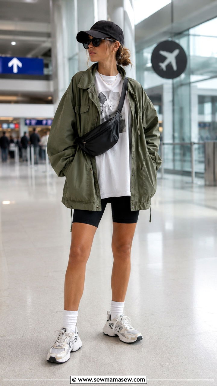 Bike shorts and utility jacket airport outfit summer - 25 Airport outfit ideas summer Europe