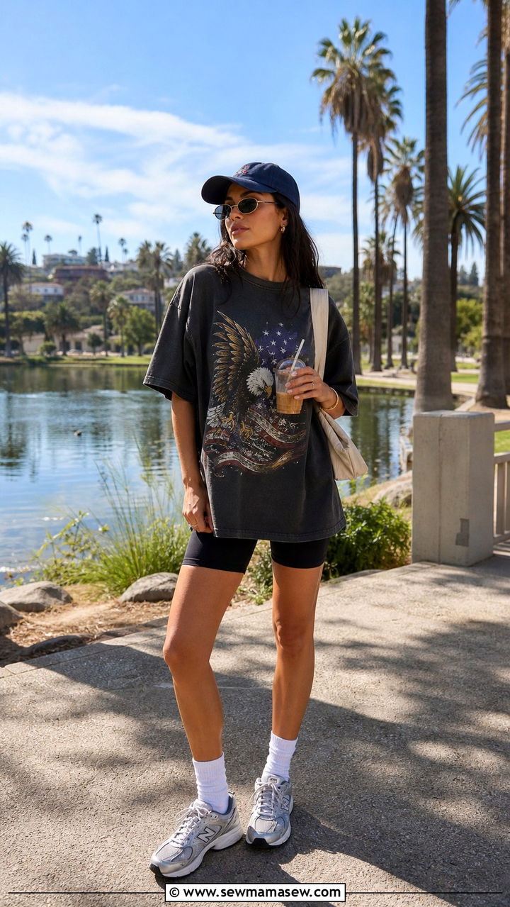 Bike shorts with an oversized graphic tee and crew socks - 40 What to wear in Los Angeles