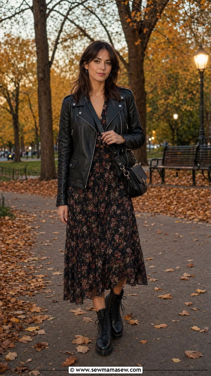 Biker Jacket With Floral Midi Dress and Lace Up Boots - 35 90s capsule wardrobe outfits