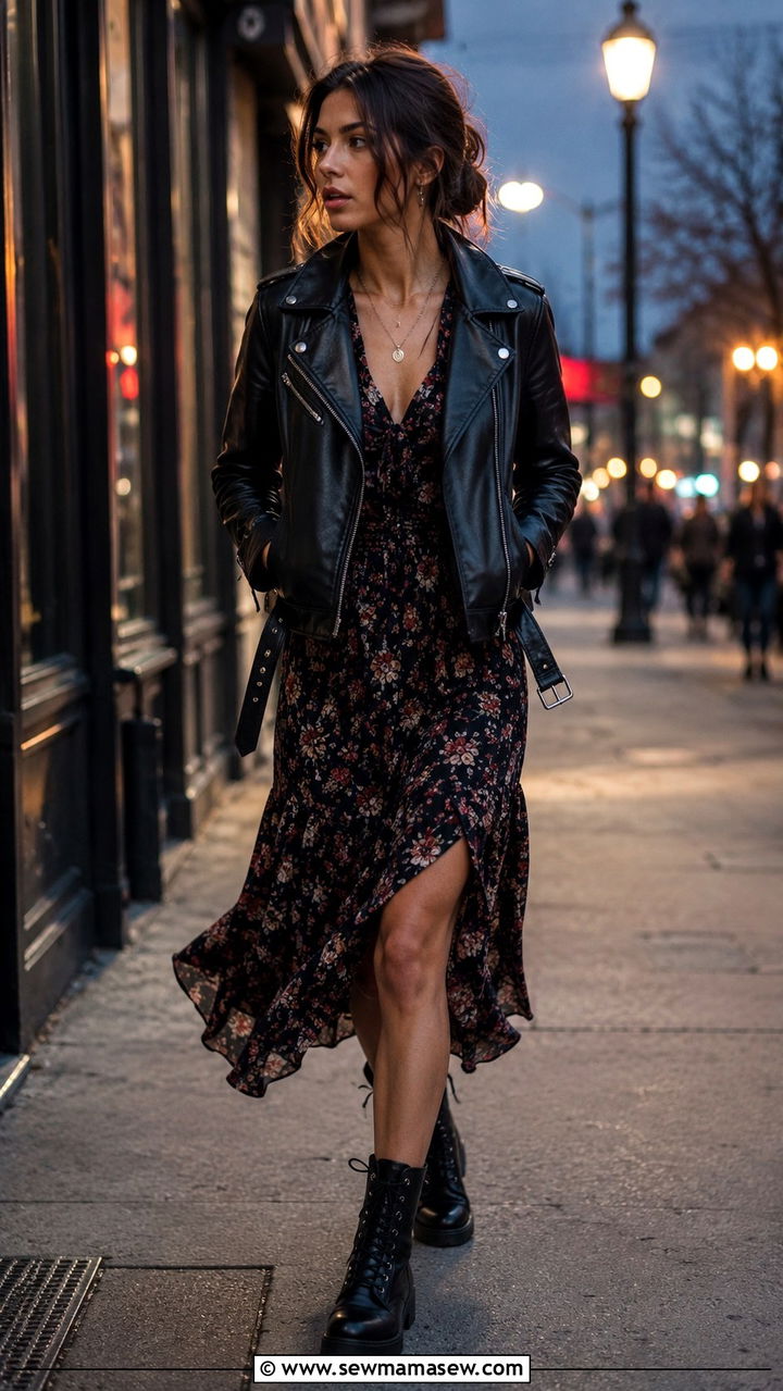 Biker Jacket and Floral Midi Dress with Combat Boots - 30 grunge outfits inspo
