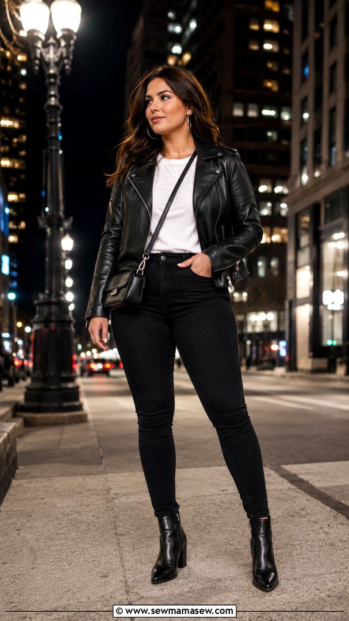 Biker Jacket with White Tee and Black Jeans Outfit - 30 casual outfits for midsize women