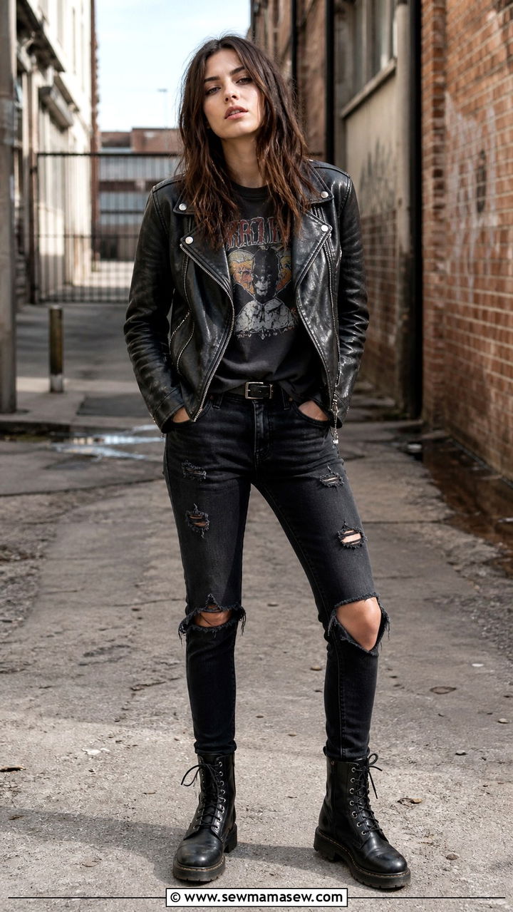 Biker Leather Jacket With Band Tee And Ripped Jeans - 40 leather jacket outfit ideas for women