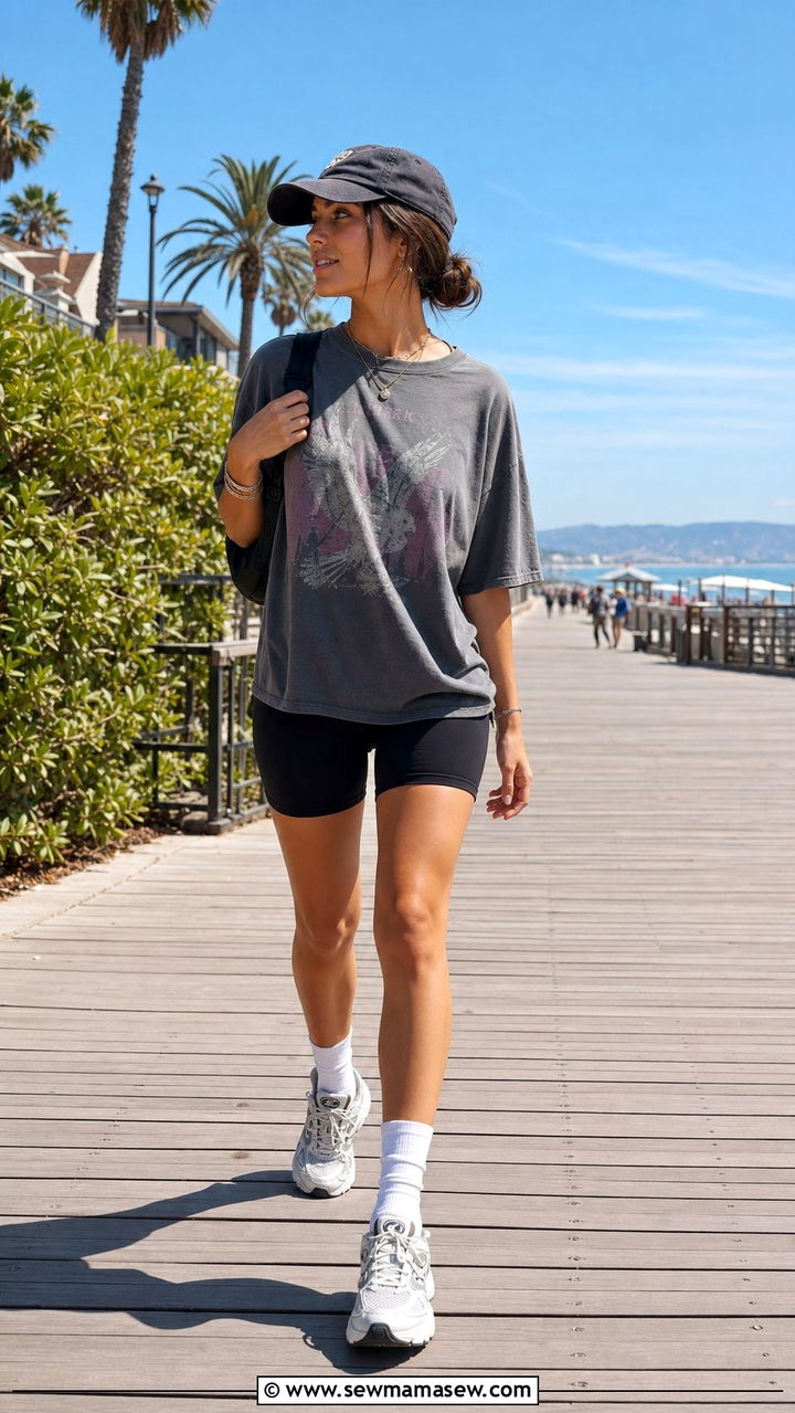 Biker Shorts And Oversized Graphic Tee - 25 Sporty chic outfit ideas yoga