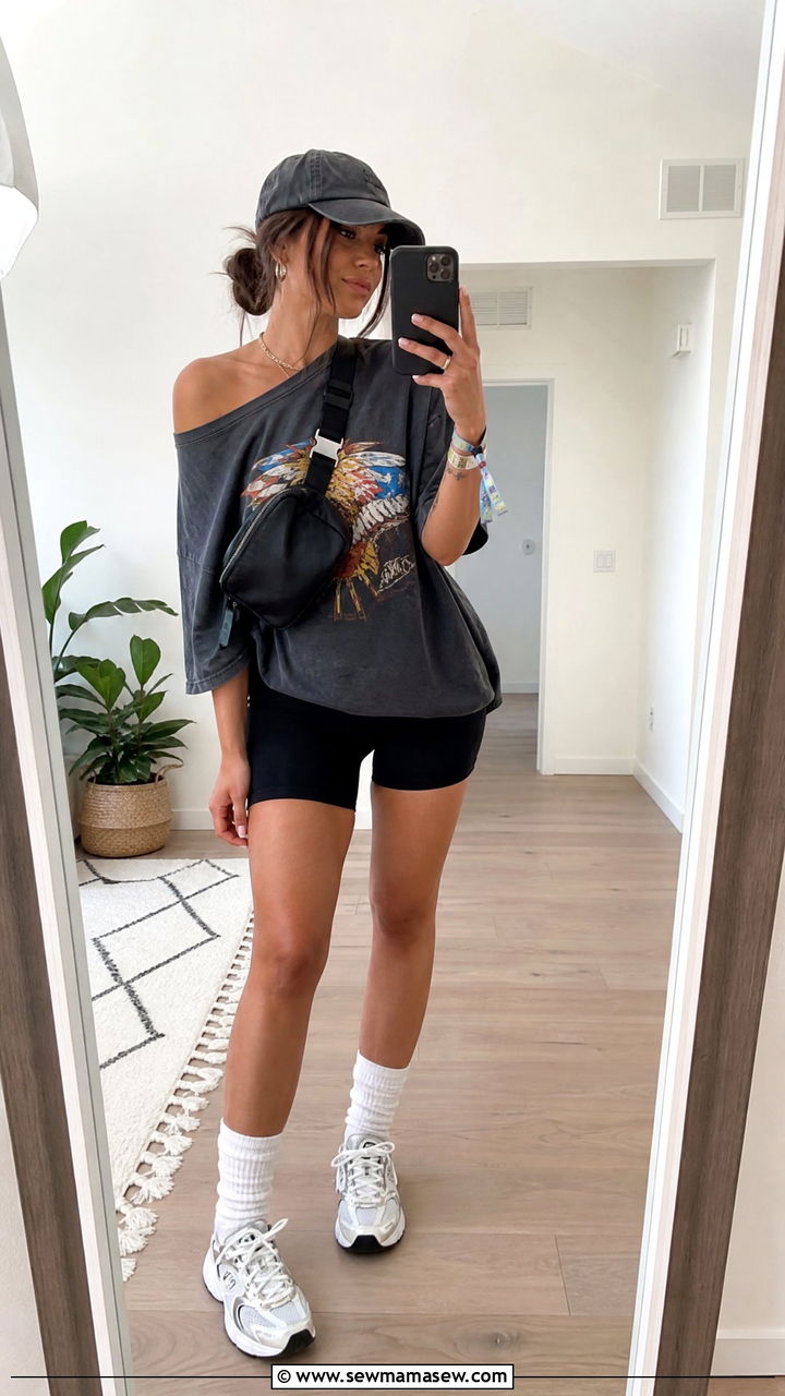 Biker Shorts And Oversized Tee Festival Look - 30 summer music festival outfit ideas
