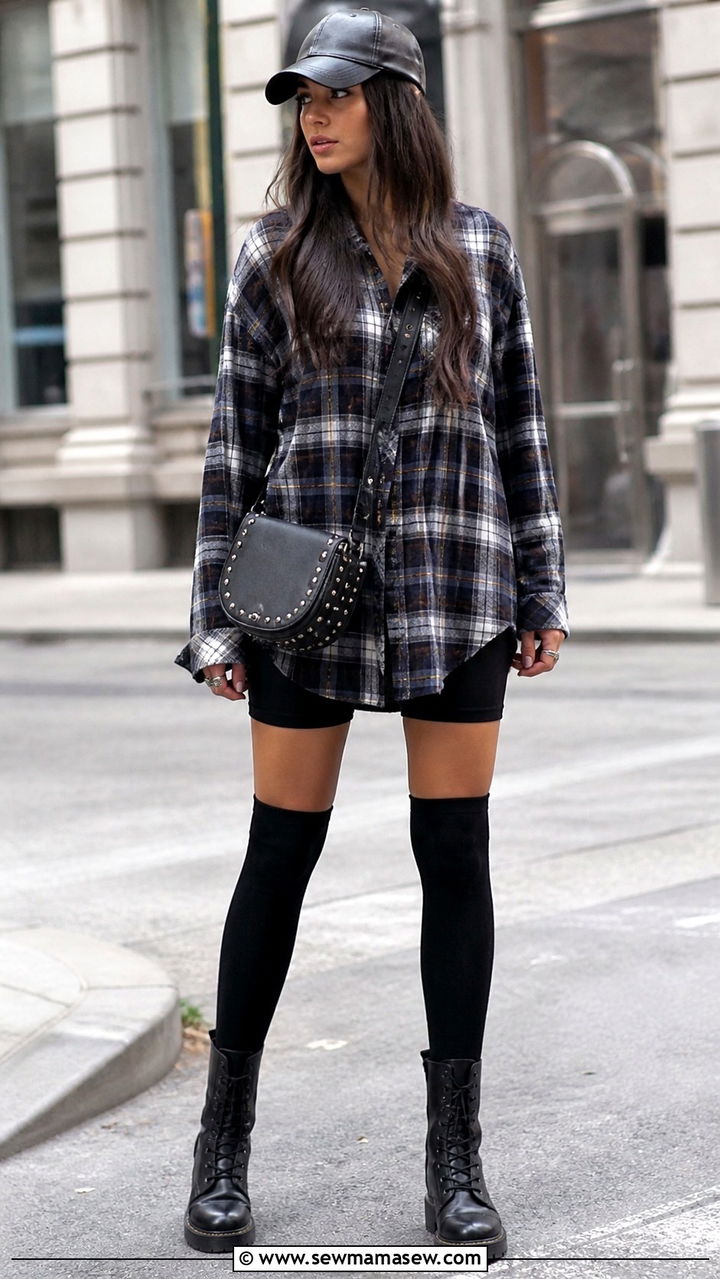 Biker Shorts Under Oversized Plaid Shirt With Thigh Highs - 40 grunge outfits