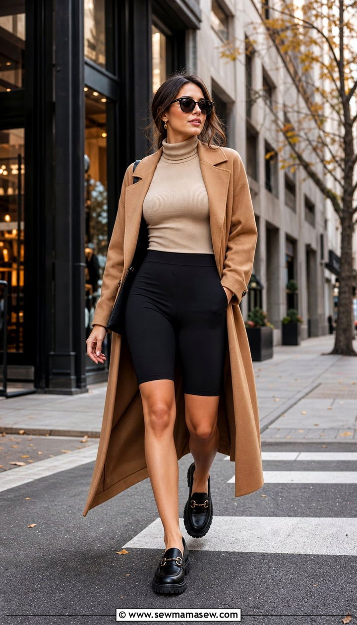 Biker Shorts With Longline Coat and Turtleneck - 35 athleisure outfit ideas for women