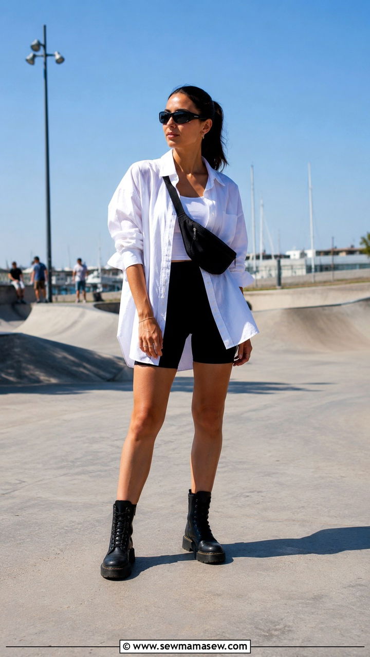 Biker Shorts With Oversized Button Down Shirt And Boots - 30 Danish outfit ideas
