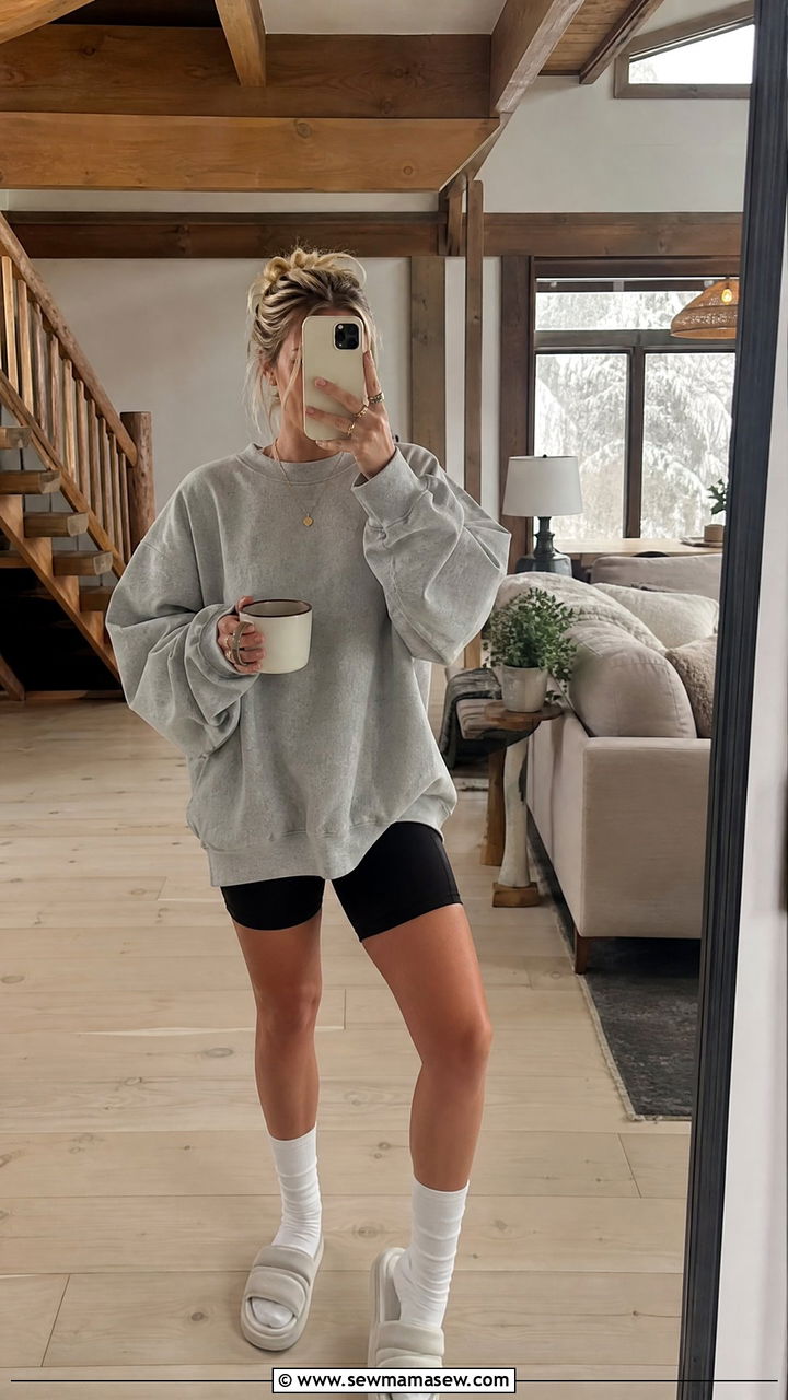 Biker Shorts With Oversized Crewneck Sweatshirt - 30 Summer cabin weekend outfits