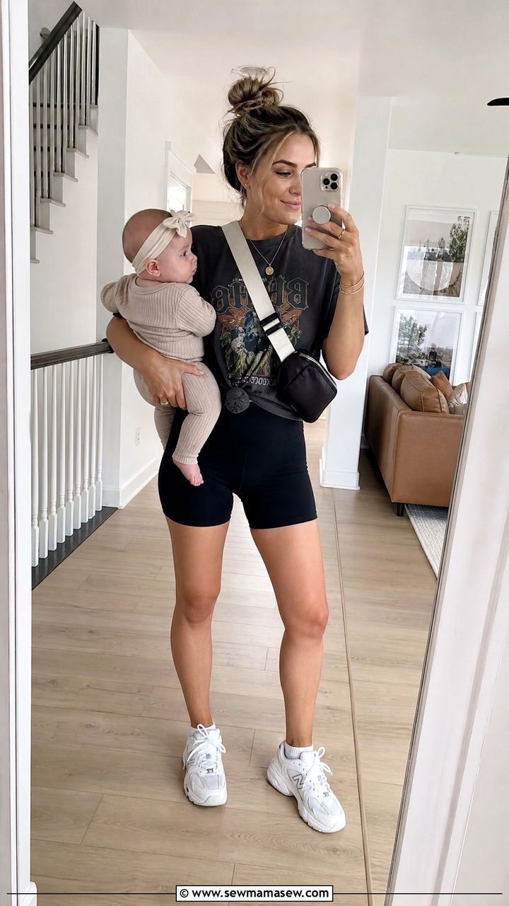 Biker Shorts With Oversized Graphic Tee - 30 summer outfits for new moms