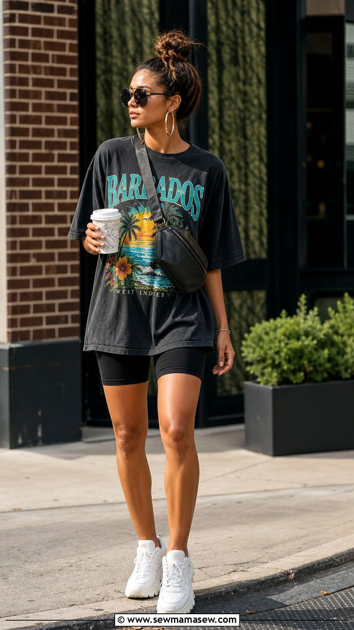 Biker Shorts With Oversized Graphic Tee And Chunky Sneakers - 40 What to wear in Barbados