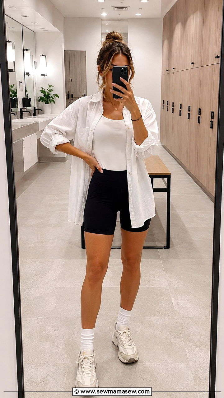 Biker Shorts and Oversized Button Down - 25 PE teacher outfit ideas