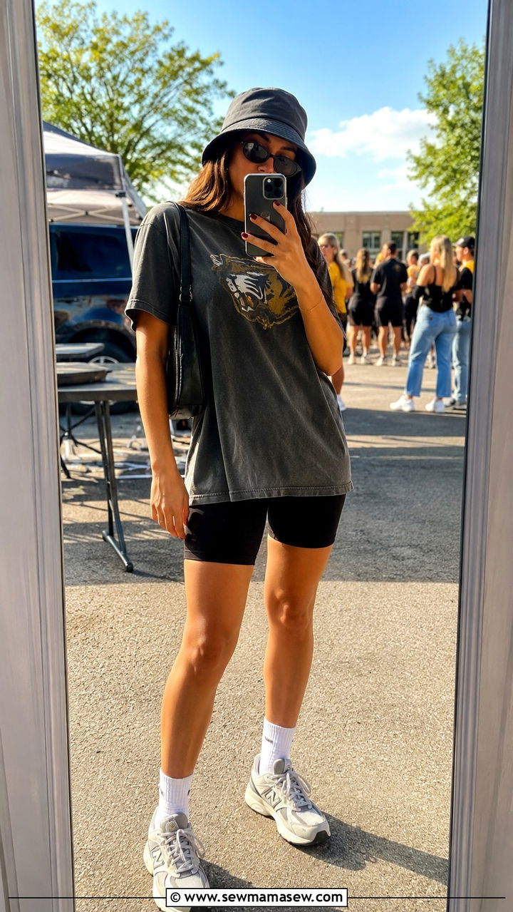 Biker Shorts and Oversized Graphic Tee - 30 Tailgate outfit ideas college