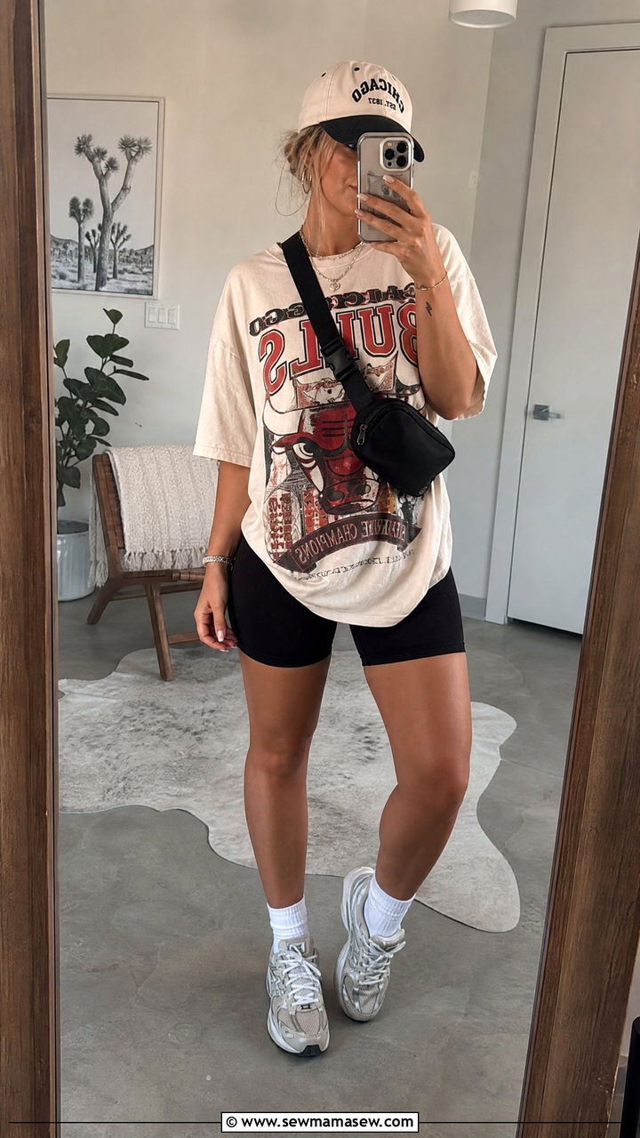 Biker Shorts and Oversized Graphic Tee Outfit - 30 festival outfit ideas for women