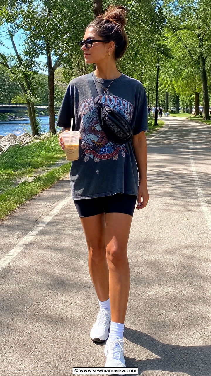 Biker Shorts and Oversized Graphic Tee With Crossbody Belt Bag - 25 Cardio walk outfit ideas