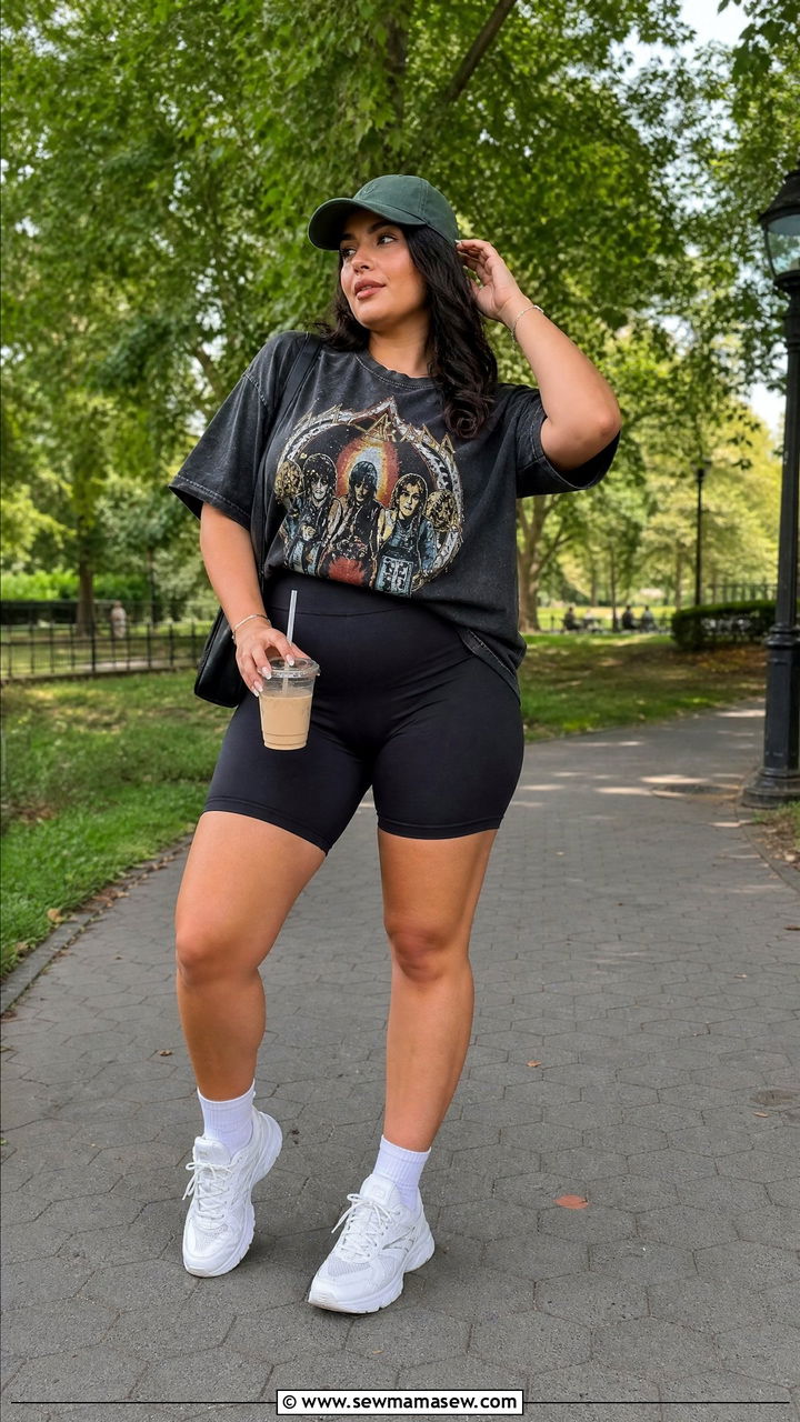 Biker Shorts and Oversized Graphic Tee with Sneakers - 30 Curvy girl summer outfit ideas