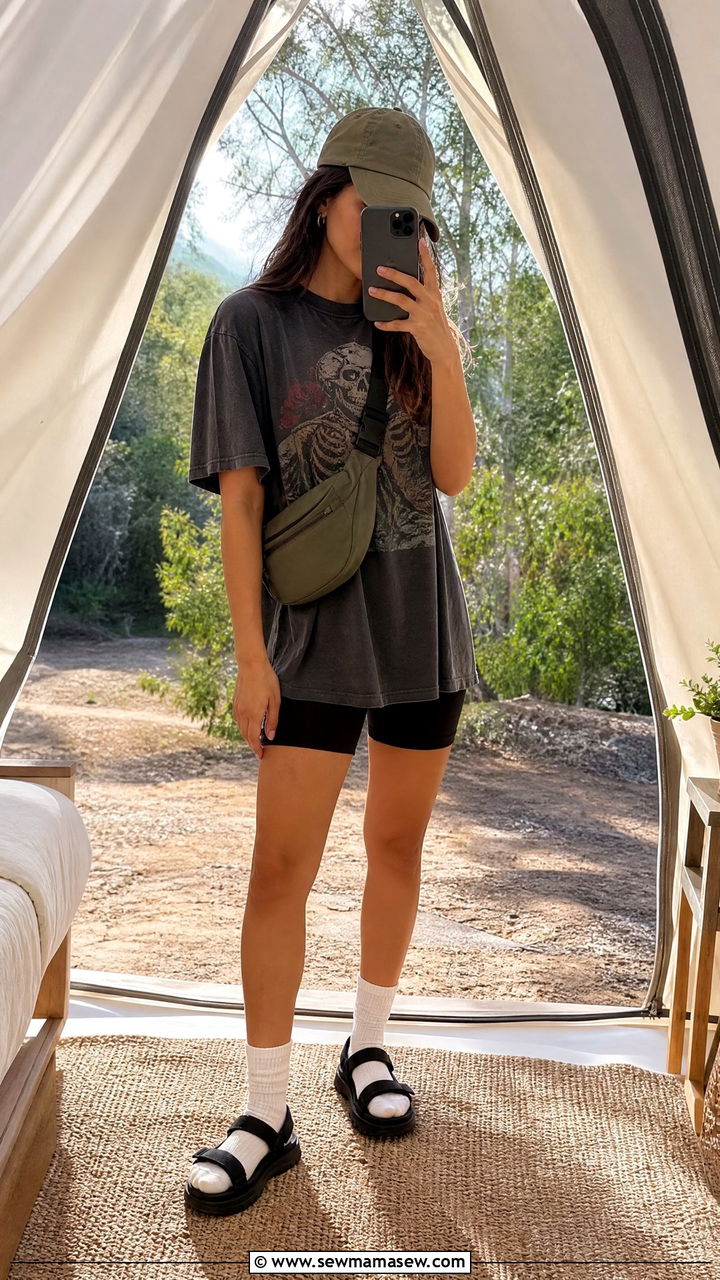 Biker Shorts and Oversized T Shirt Camping Outfit - 30 Summer camping trip outfits