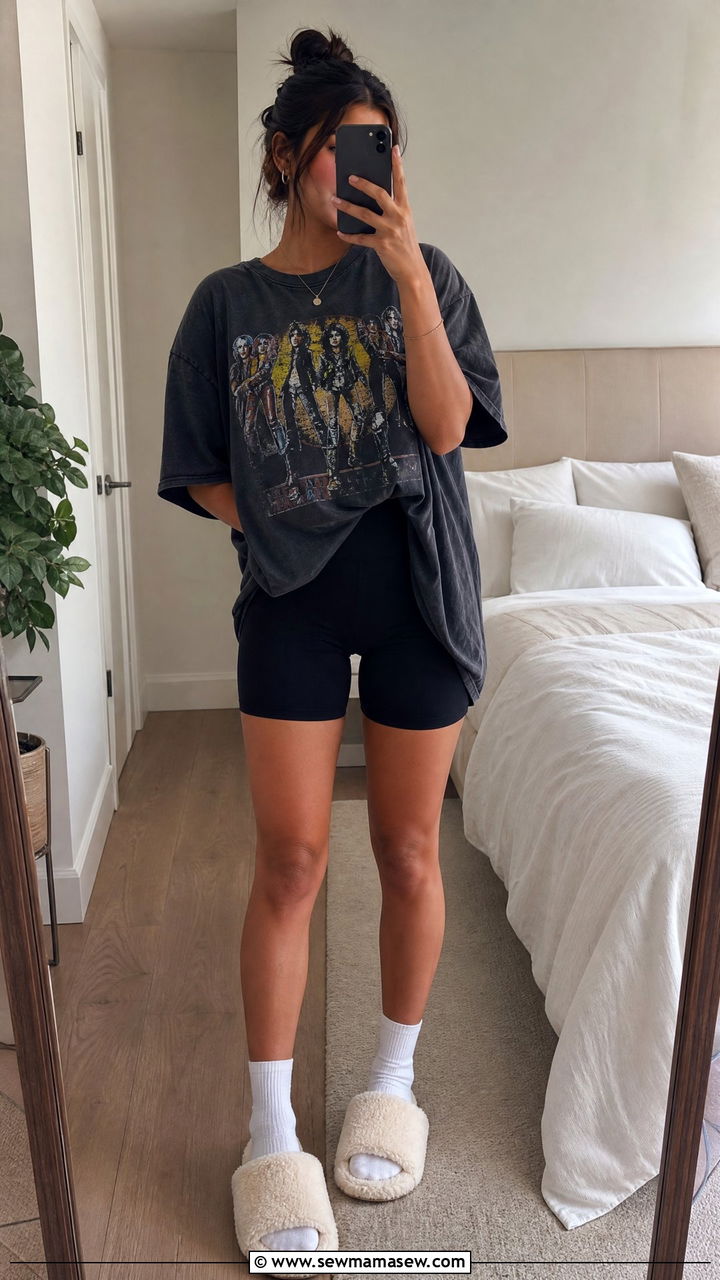 Biker Shorts and Oversized Tee with Fuzzy Slippers - 30 Fuzzy slippers outfit ideas