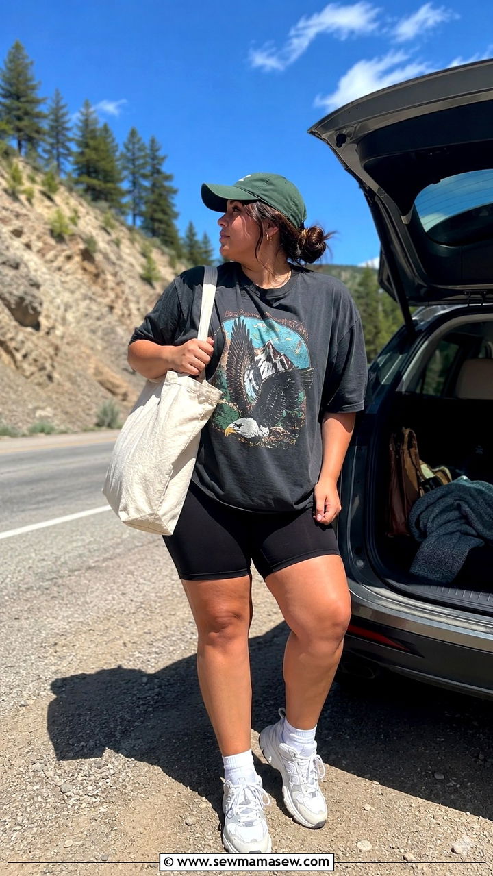 Biker Shorts with Oversized Graphic Tee - 30 Plus size travel outfit ideas