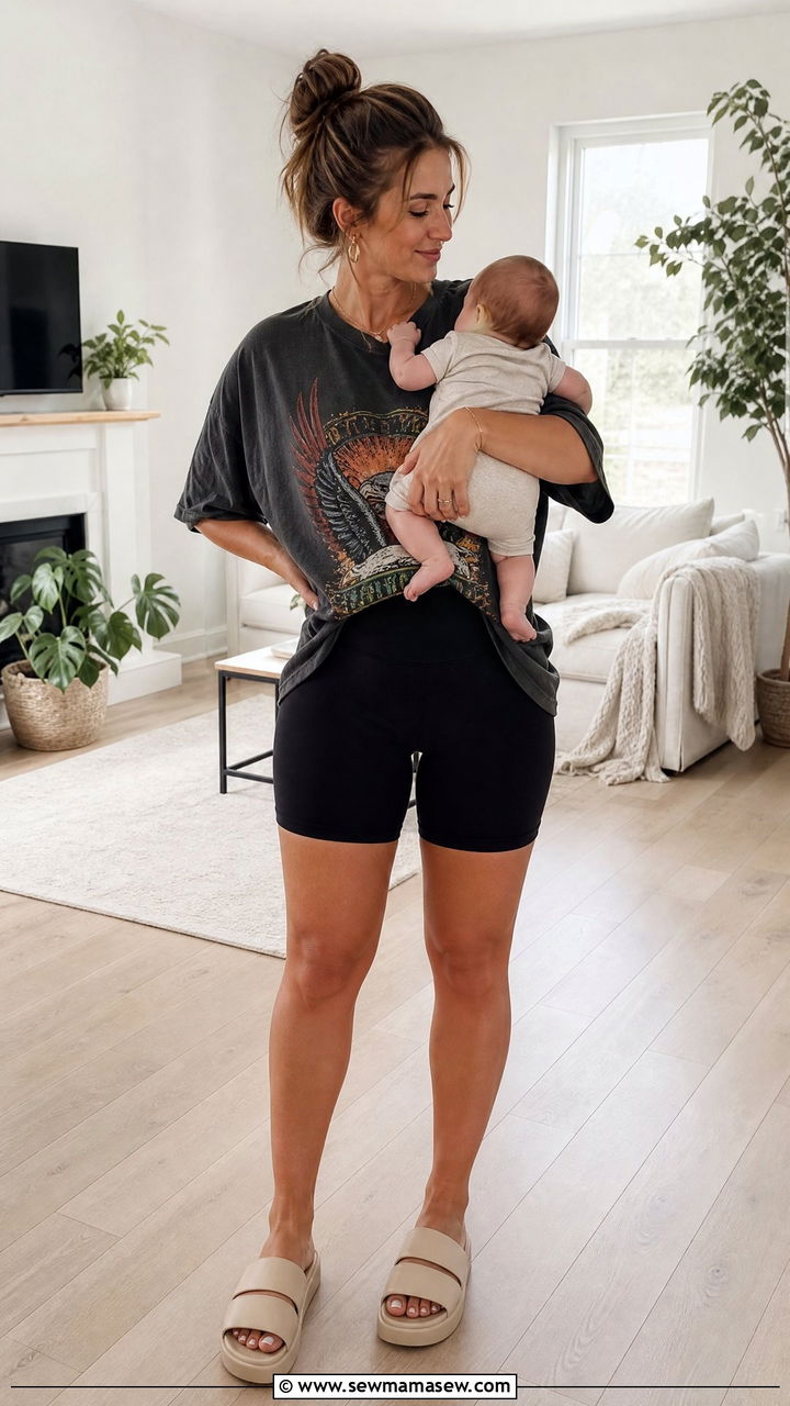 Biker Shorts with Oversized Graphic Tee Outfit - 25 casual outfits for postpartum women