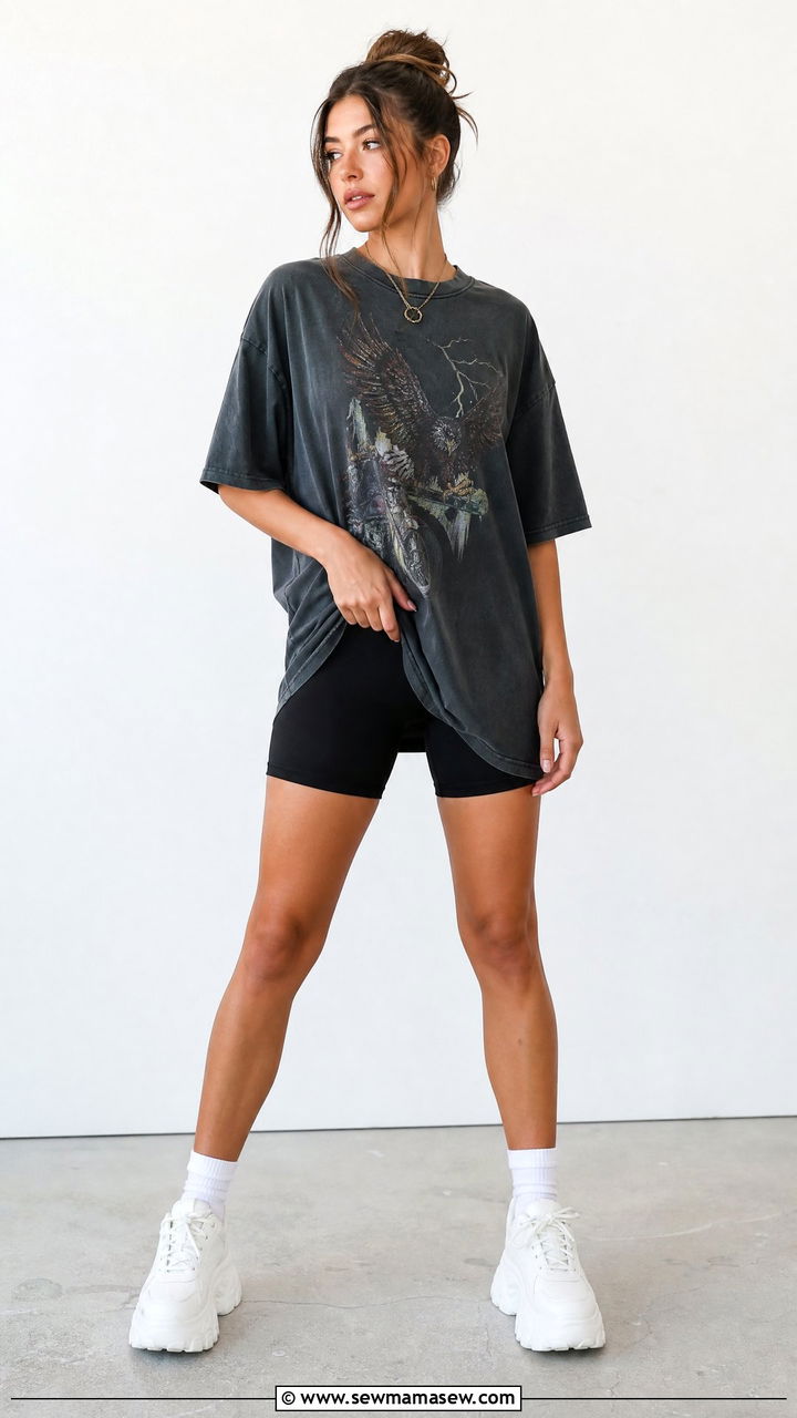 Biker Shorts with Oversized Graphic Tee and Chunky Platform Sneakers - 30 Trendy outfits for 16 year olds