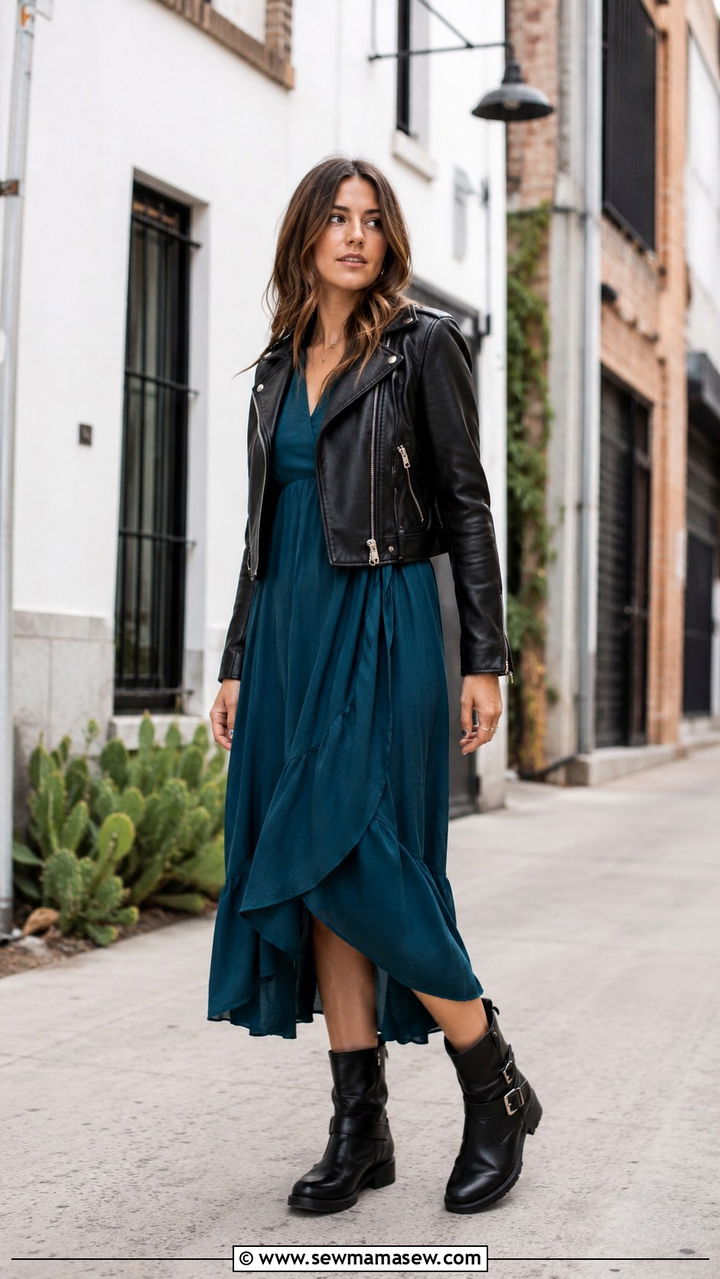 Biker boots with midi dress and leather jacket - 30 transitional boots outfit ideas