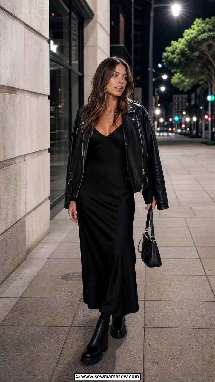 Biker jacket with black slip maxi dress and chunky boots - 30 Maxi dress outfit ideas with a jacket