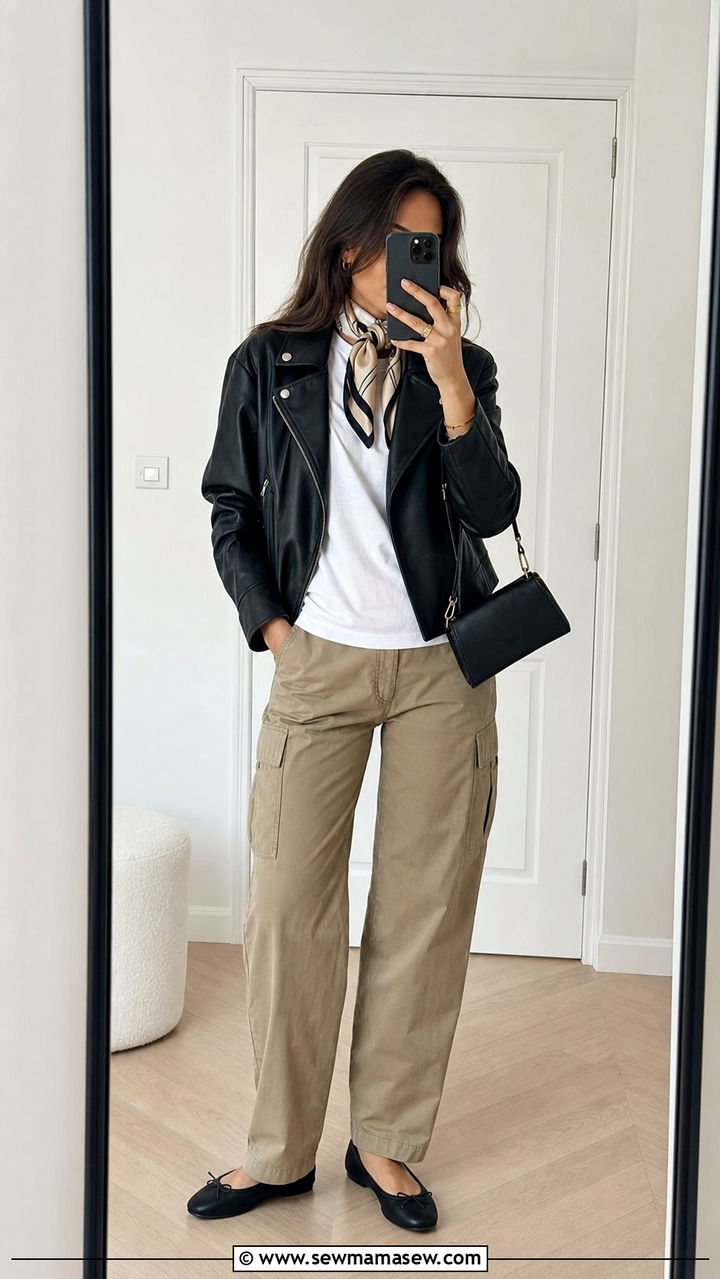 Biker jacket with cargo pants and ballet flats - 25 spring cargo pants outfit ideas