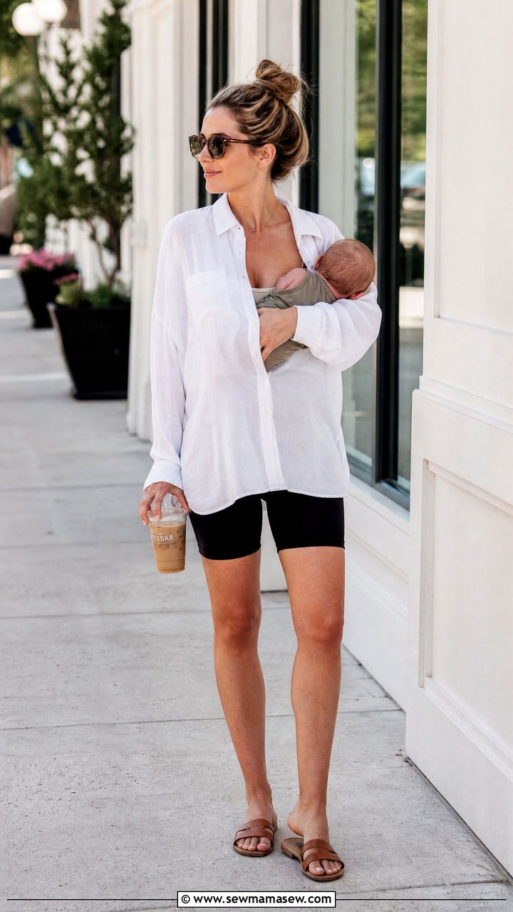 Biker shorts and an oversized button down shirt - 25 Postpartum gym outfit ideas
