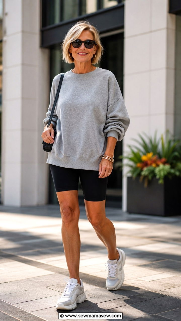Biker shorts with an oversized sweatshirt and chunky sneakers - 25 Athleisure outfit ideas for women over 50