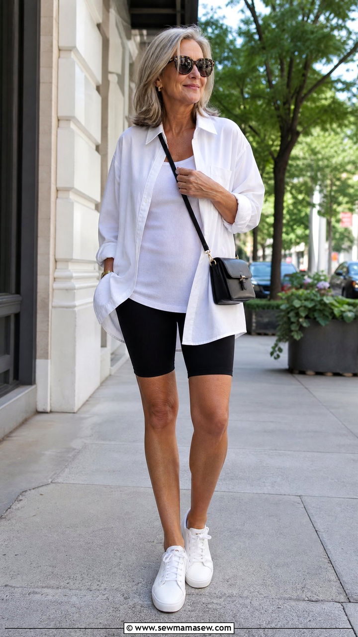 Biker shorts with oversized button down shirt over 50 - 30 Outfit ideas for women over 50 athleisure