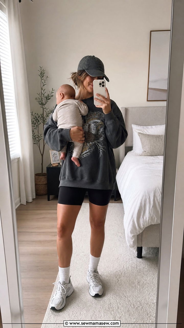 Biker shorts with oversized graphic sweatshirt and crew socks - 20 4th trimester outfit ideas