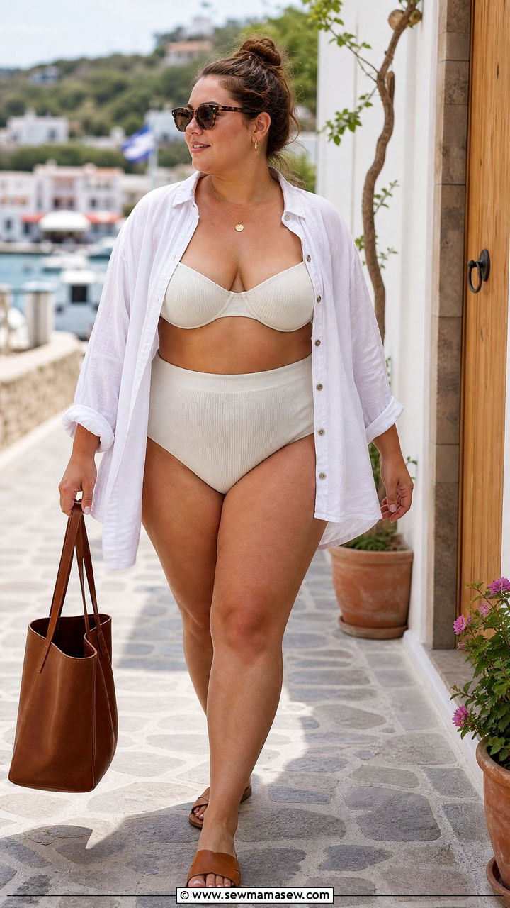 Bikini with Linen Shirt Layering - 30 Plus size outfit ideas for beach