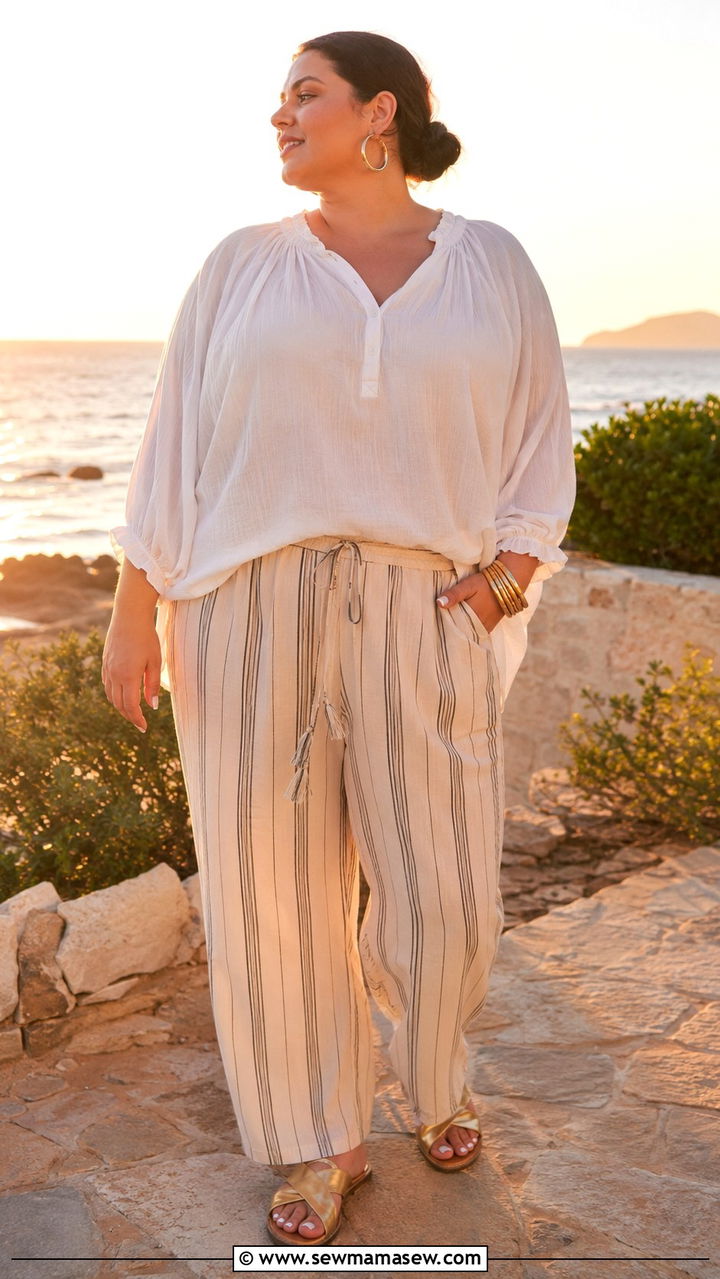Billowy Blouse And Relaxed Striped Pants - 30 Boho outfits for curvy women