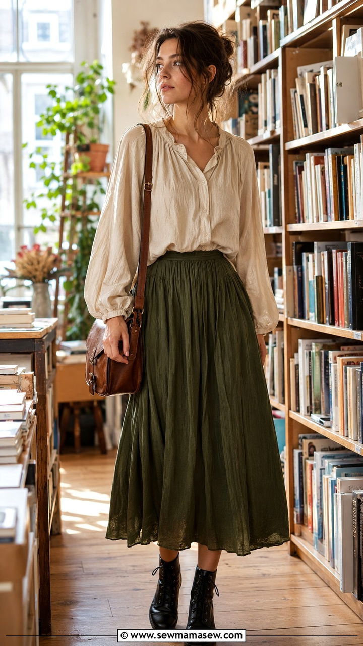 Billowy Blouse With Midi Skirt and Lace Up Boots - 30 casual poetcore outfits