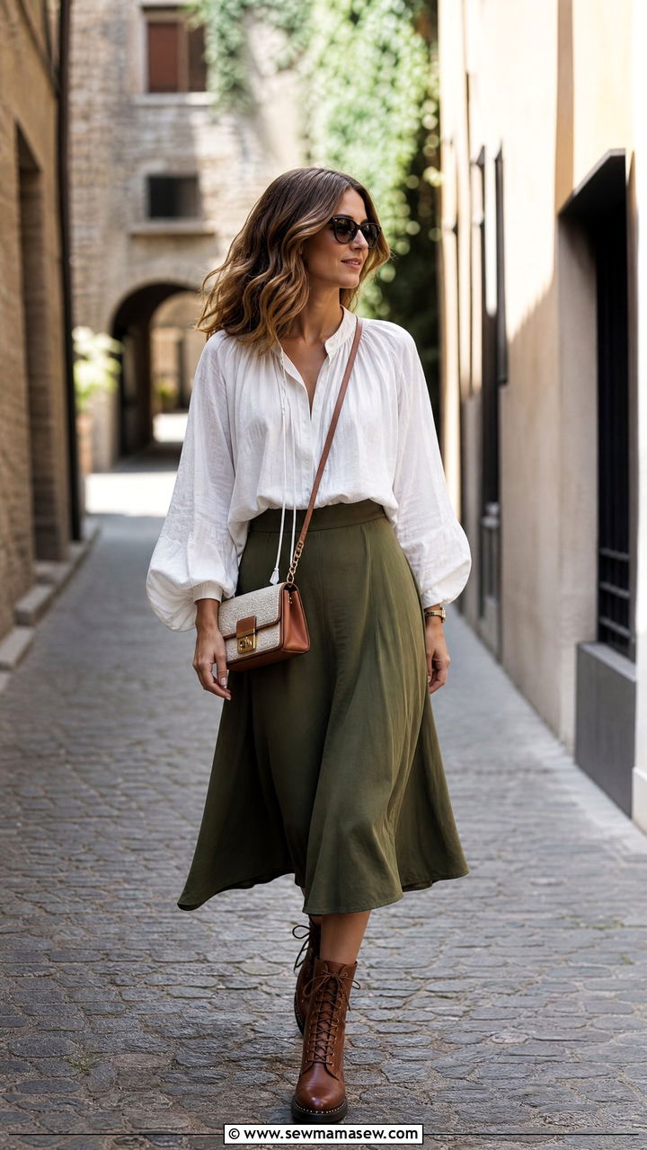 Billowy Poet Blouse With Midi Skirt And Lace Up Boots - 25 poetcore outfits inspo