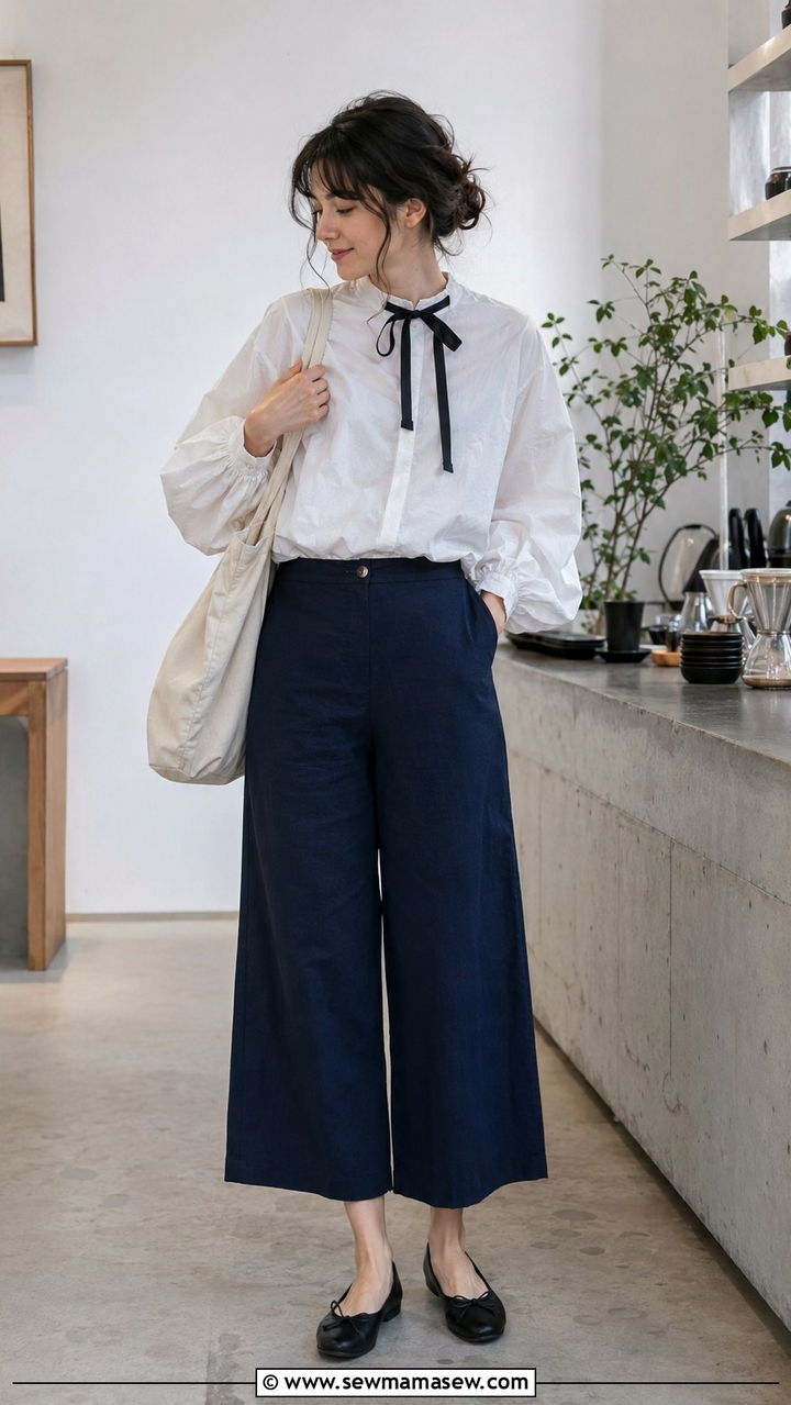 Billowy white shirt with cropped wide leg trousers and ballet flats - 25 Poetcore outfit ideas college professor aesthetic