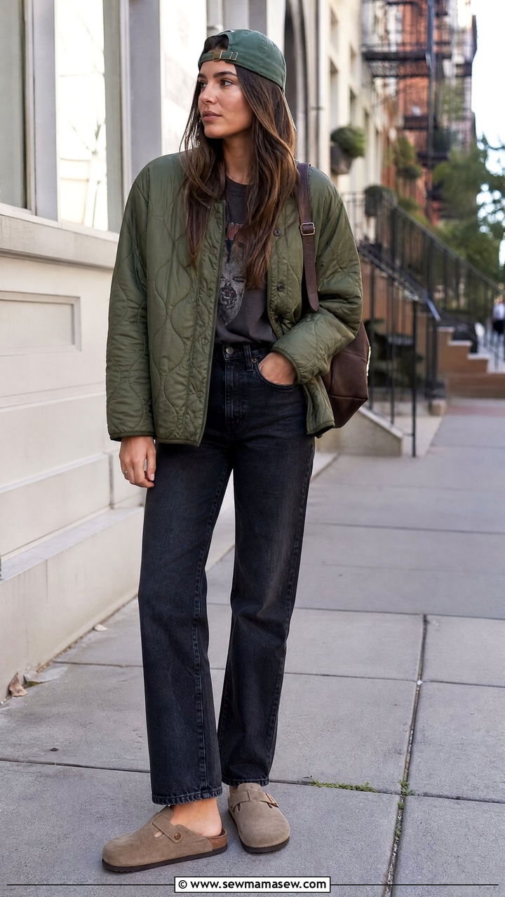 Birkenstocks With A Quilted Jacket And Straight Jeans Outfit - 25 How to style birkenstocks