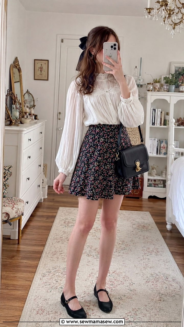 Bishop Sleeve Blouse With A Line Mini Skirt And Mary Janes - 30 casual fairycore outfits