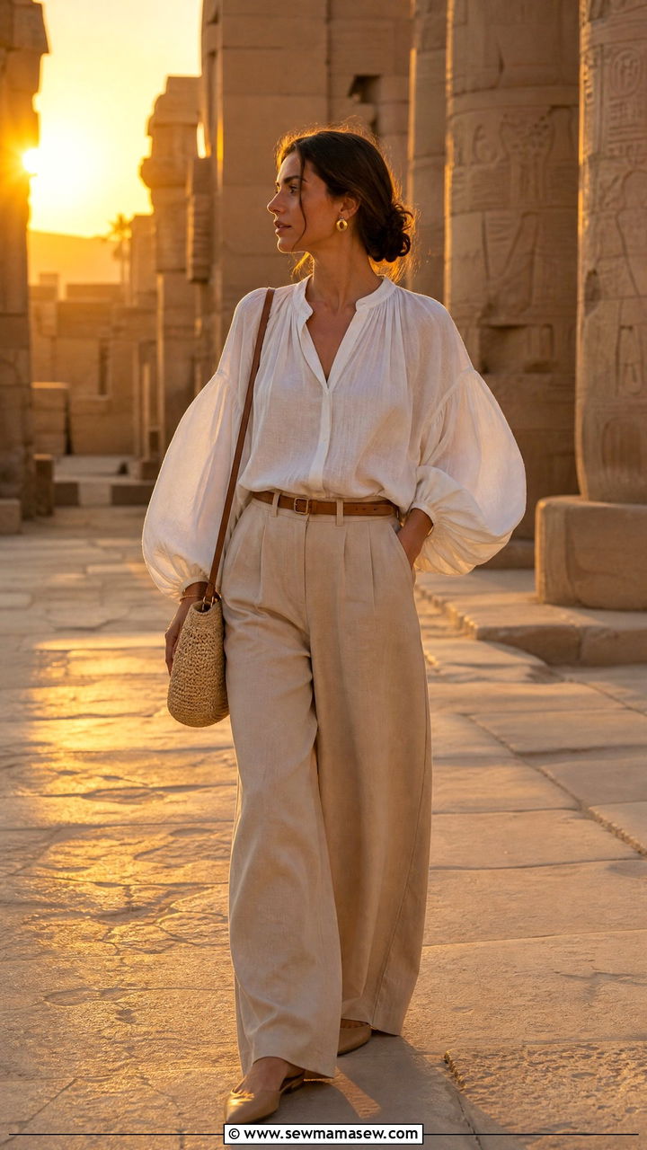 Bishop sleeve top and wide leg pants Egypt - 30 Egypt vacation outfit ideas modest